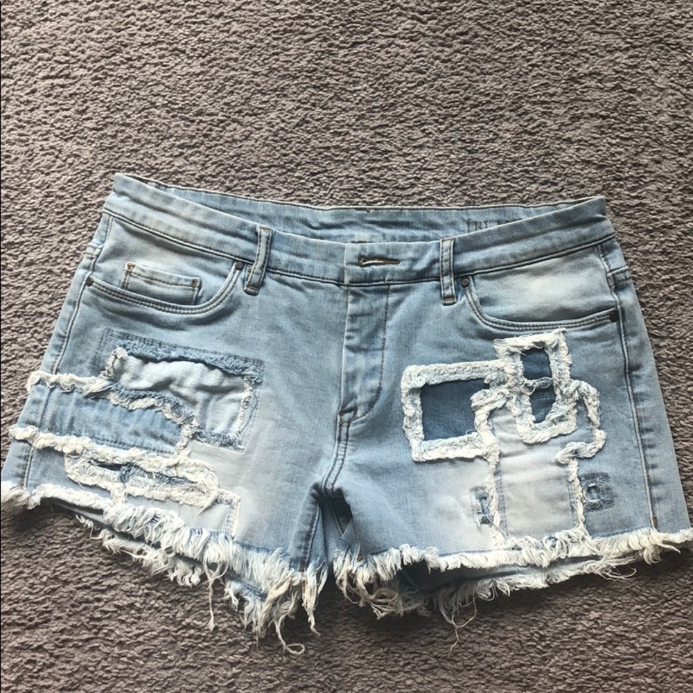 Blank NYC Light Wash Distressed Patchwork Denim Shorts